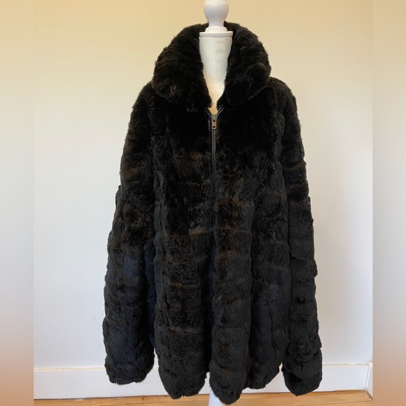 Mens Solid Black Real Fur Jacket Real Rex Rabbit Fur Outwear Chinchilla Coat 4XL - Picture 1 of 16